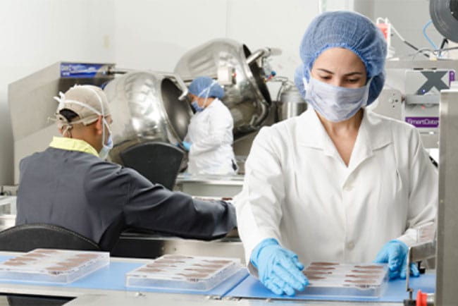 Three lab technicians working with food samples