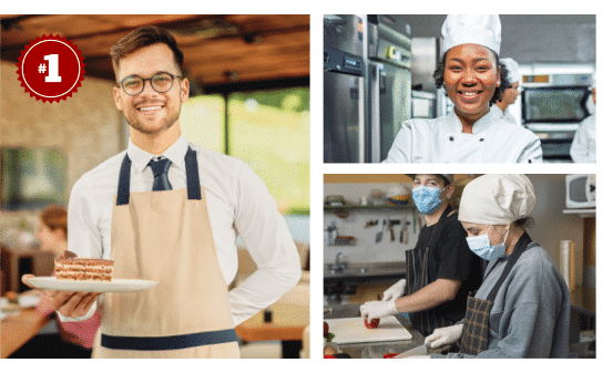 Section-03-image A collage of three images. Image 1: A man holding a plate of pancakes. Image 2: A chef smiling in a restaurant kitchen. Image 3: Two kitchen staff members working in a kitchen.